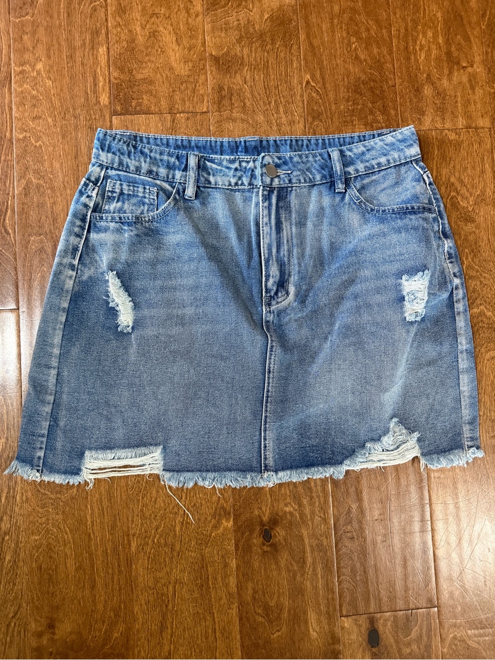 Distressed Denim Mini Skirt - Light Blue